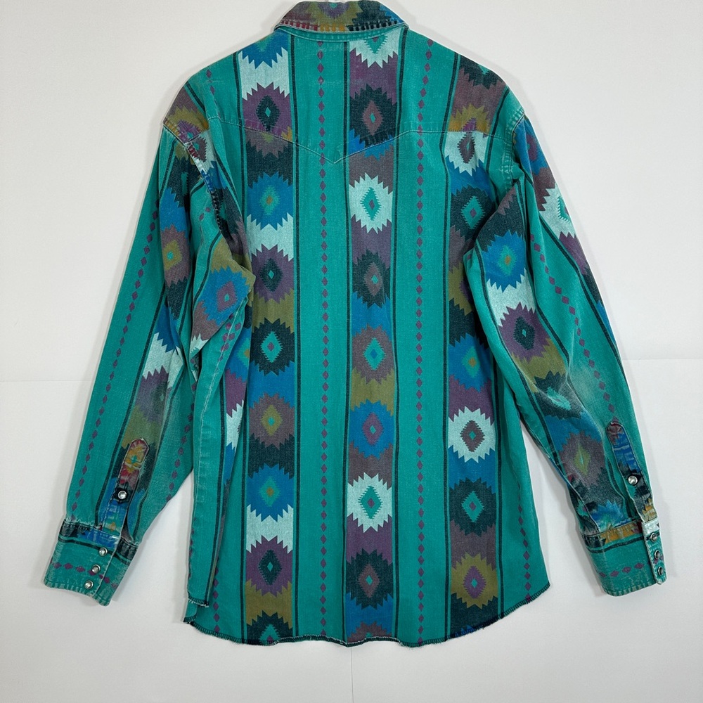 Vintage Wrangler Brushpopper Pearl Snap Shirt 16.5/35 Striped Aztec 90s USA RARE - Picture 9 of 12